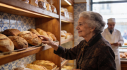Idosa a escolher pão na padaria. Crédito: Freepik AI