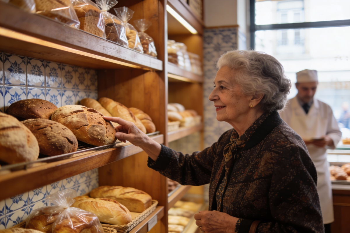 Idosa a escolher pão na padaria. Crédito: Freepik AI