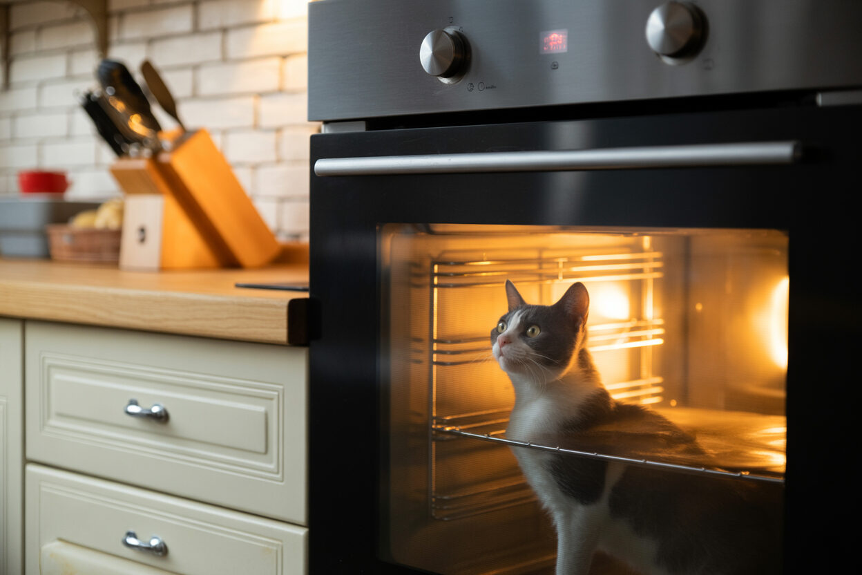 Gata dentro de um forno.