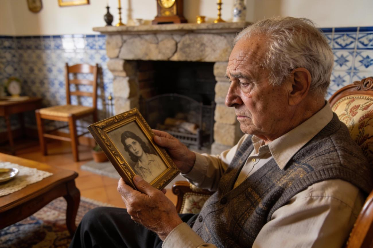 Idoso a olhar para fotografia antiga. Crédito: Freepik AI