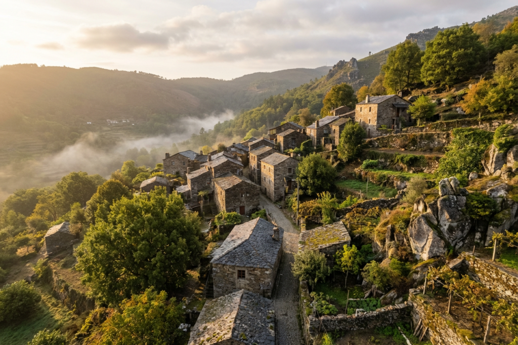 Vista aérea sobre uma aldeia. Crédito: Freepik AI