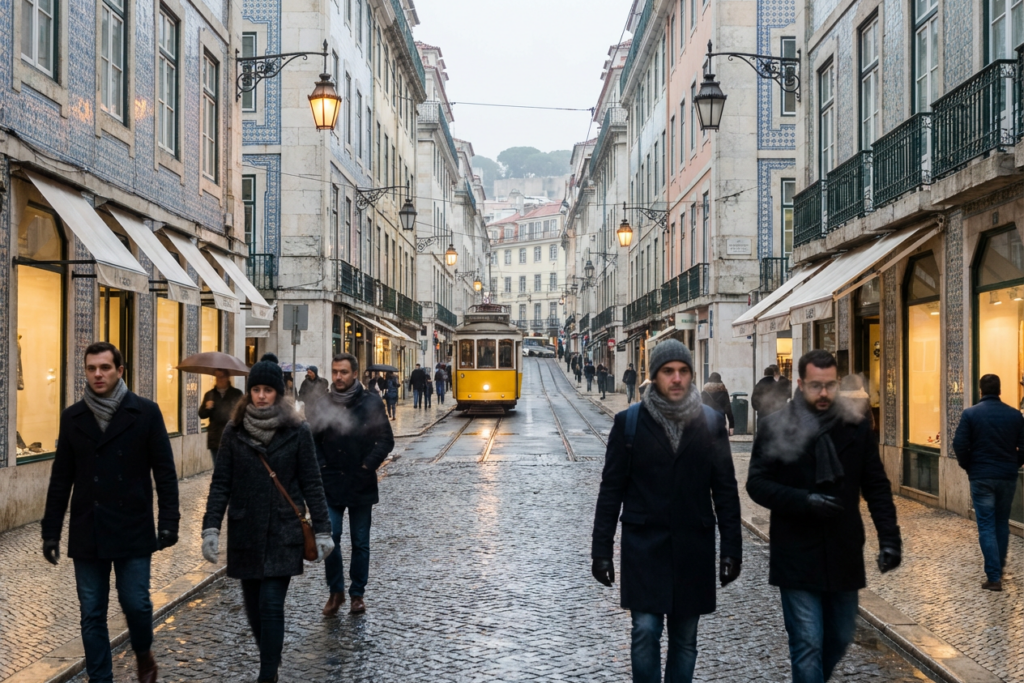 Pessoas bem agasalhadas devido ao frio. Crédito: Freepik AI