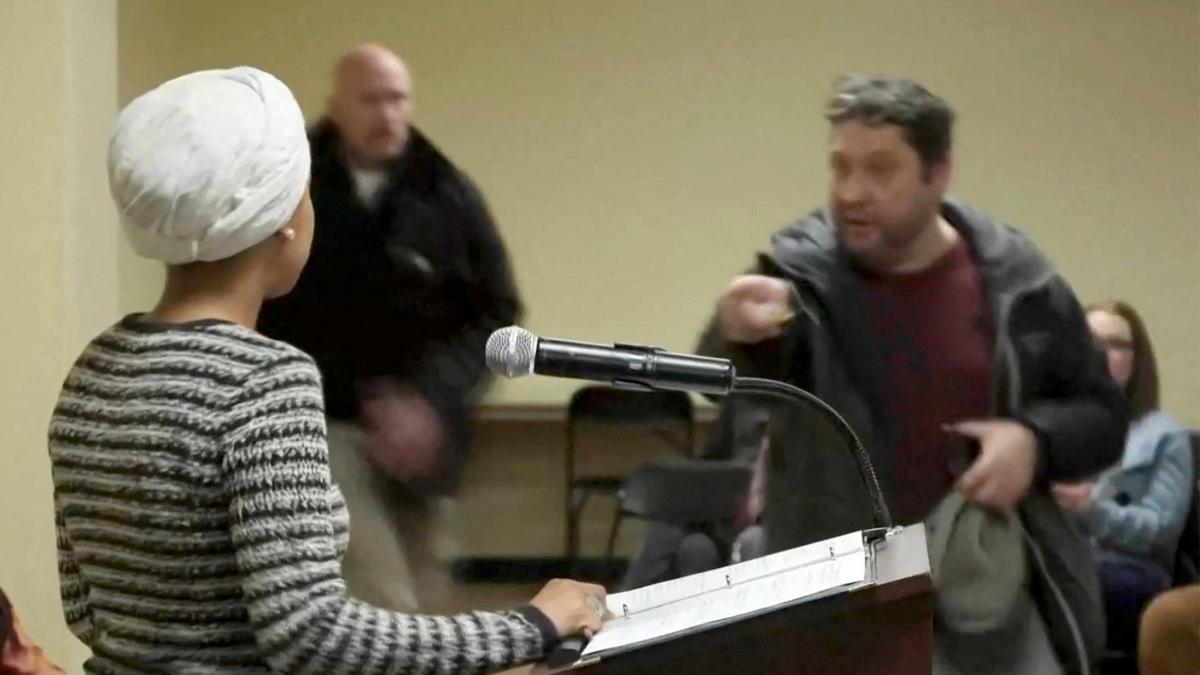 Democratic Congresswoman Ilhan Omar sprayed with a chemical substance during a speech in Minneapolis