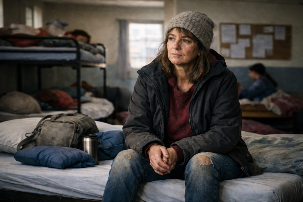 Mulher sem-abrigo com expressão triste. Crédito: Foto AI