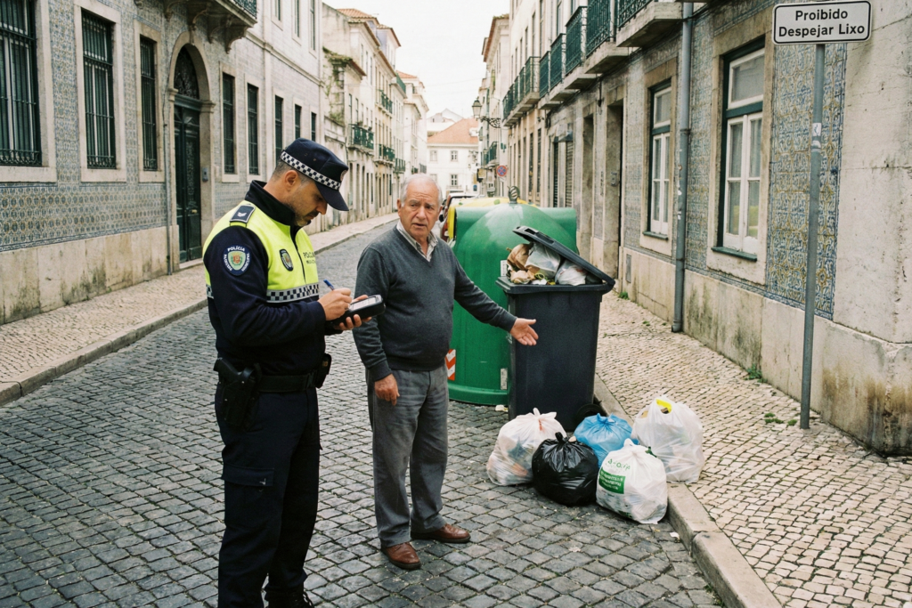 Polícia a multar cidadão por este ter deixado lixo fora do contentor. Crédito: Gemini