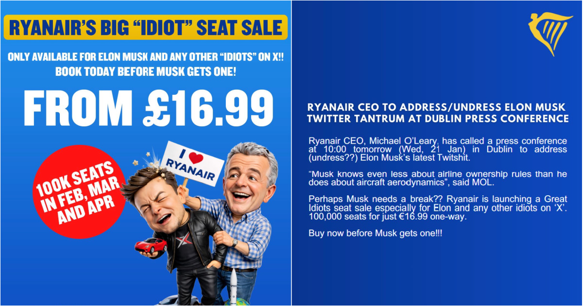 Ryanair makes fun of Elon Musk and launches promotion “for idiots” with tickets at 16.99 euros