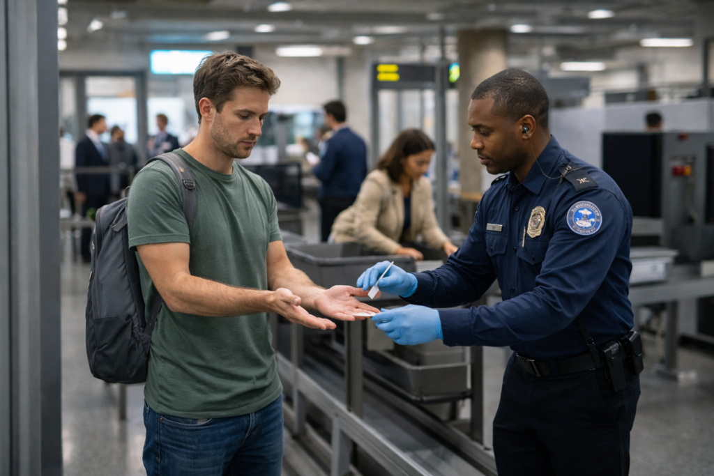 Segurança a fazer teste ETD no aeroporto. Crédito: Foto AI