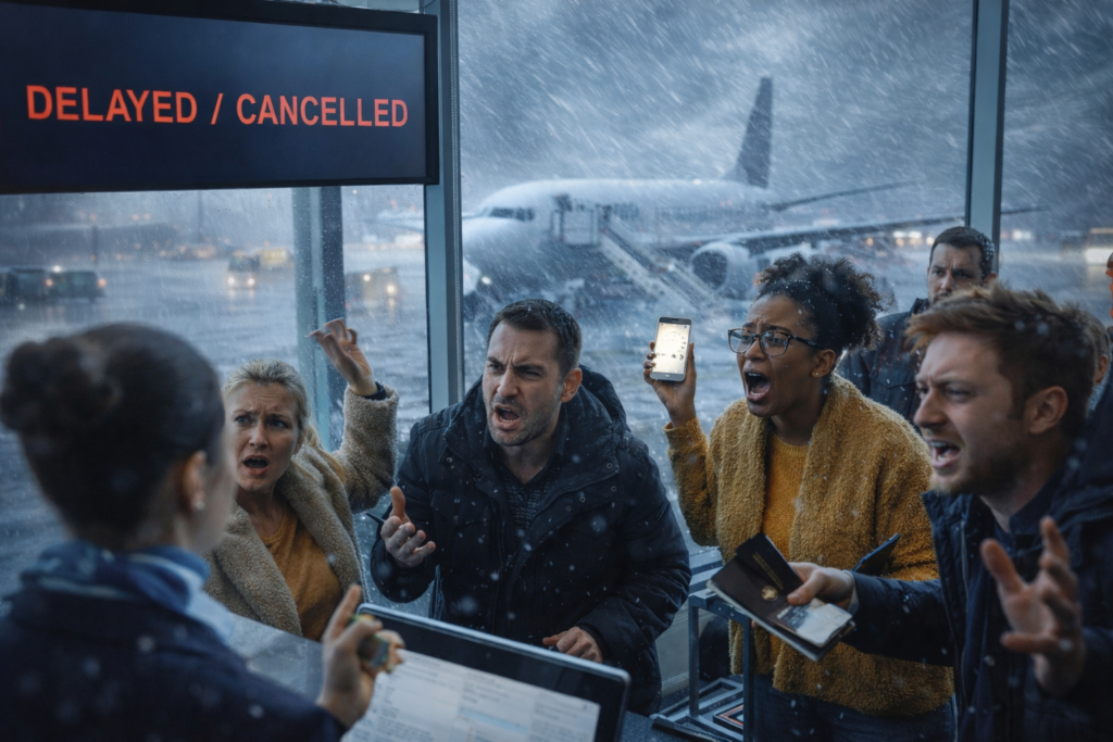 Pessoas a reclamar no aeroporto. Crédito: foto AI