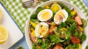I bake salmon, boil potatoes and eggs. This salad is a vitamin bomb and helps you lose weight