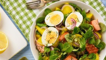 I bake salmon, boil potatoes and eggs. This salad is a vitamin bomb and helps you lose weight