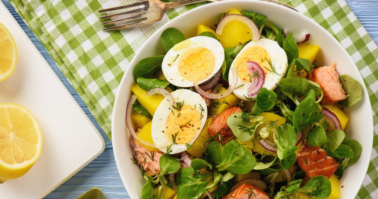 I bake salmon, boil potatoes and eggs. This salad is a vitamin bomb and helps you lose weight