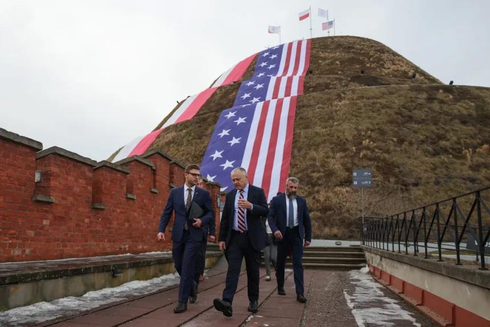 Tom Rose, US Ambassador to Poland, attends the Freedom250 campaign inauguration ceremony at Kosciuszko Mound in Krakow, Poland, on February 12, ahead of the 250th anniversary of the US Declaration of Independence. (Beata Zawrzel/NurPhoto/Getty Images)