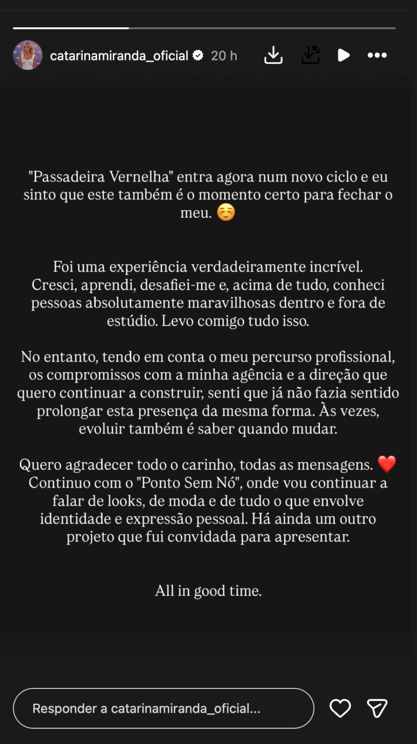 Catarina Miranda announces her departure from 'Passadeira Vermelha': “It no longer made sense…”