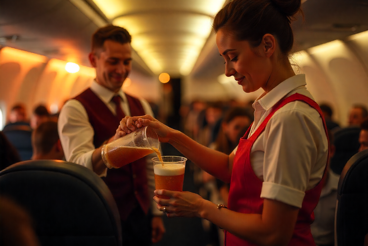 Comissária de bordo a preparar bebida. Crédito: Freepik AI