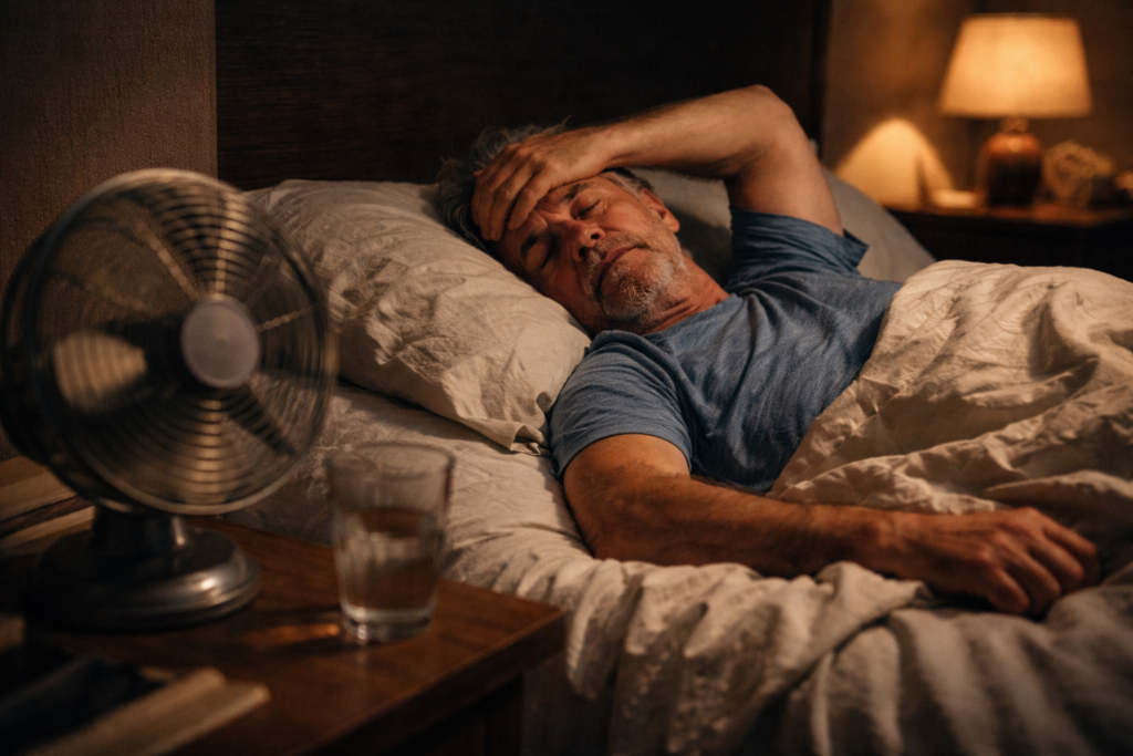 Idoso a sofrer com a temperatura do quarto. Crédito: Foto AI