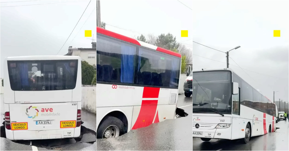 Crater unexpectedly opens on the road and leaves bus stuck in Famalicão