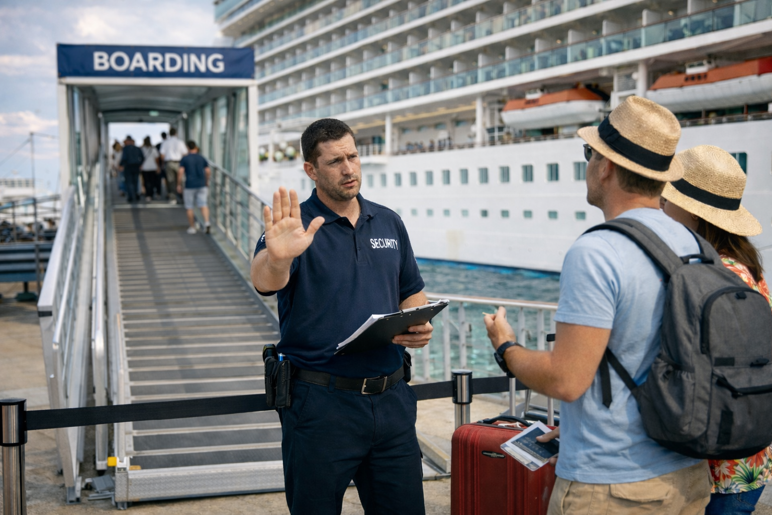 Passageiros a ser impedidos de entrar em cruzeiro. Crédito: Foto AI