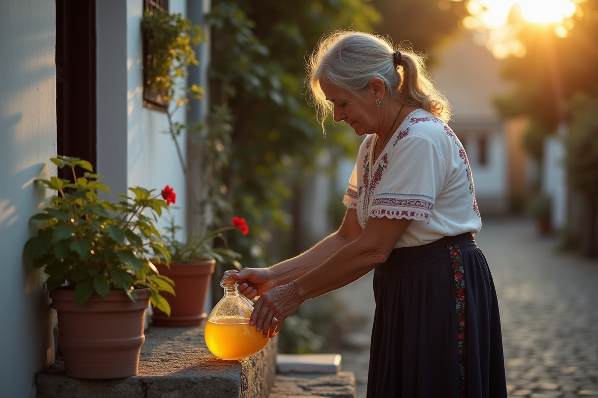 Idosa a colocar vinagre na porta de casa. Crédito: Freepik AI
