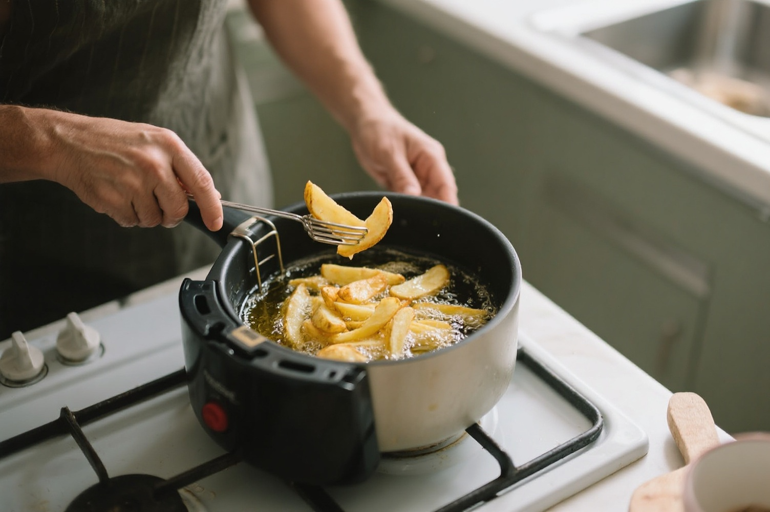 Fritar batatas em óleo. Crédito: Freepik AI