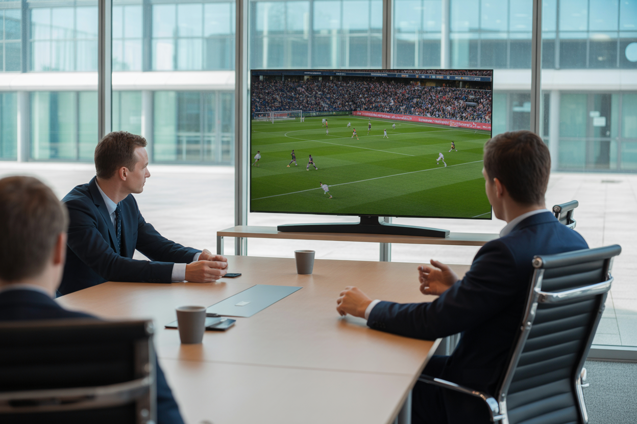 Homens a ver futebol no escritório. Crédito: Freepik AI