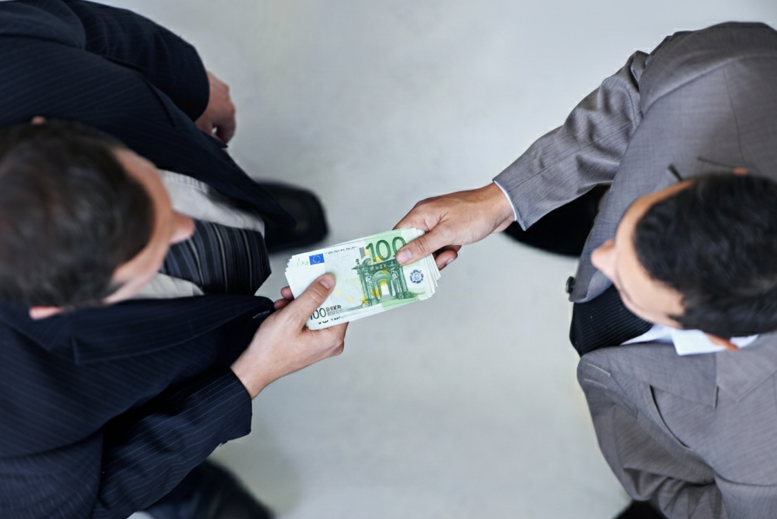 Homem a dar dinheiro a outro homem. Crédito: Foto AI