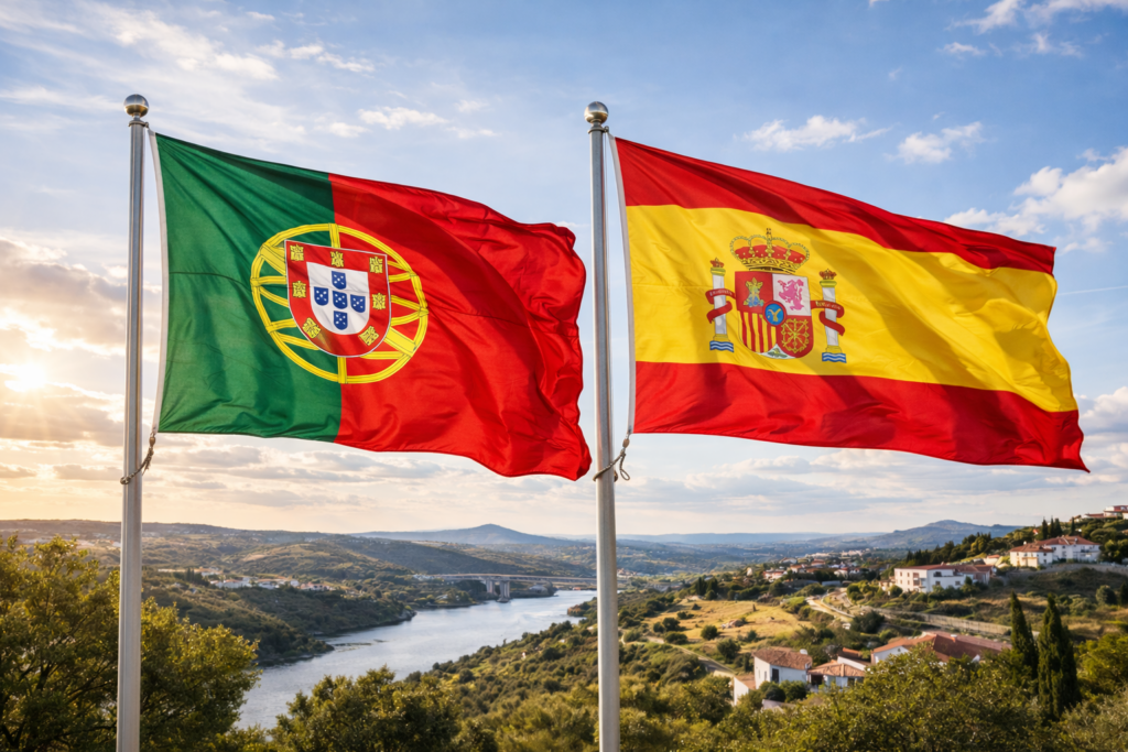 Bandeiras de Portugal e Espanha. Crédito: Foto AI