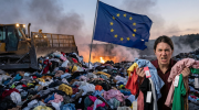 Toneladas de roupa empilhada a ser empurrada por uma máquina e bandeira da UE hasteada no meio. Crédito: Foto AI