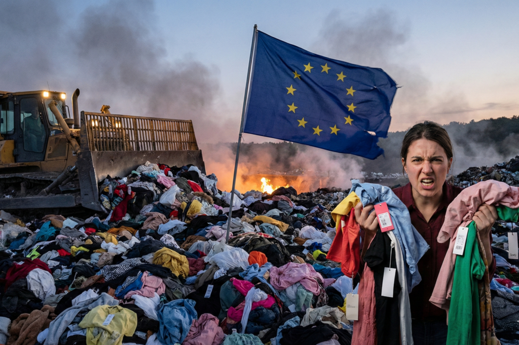 Toneladas de roupa empilhada a ser empurrada por uma máquina e bandeira da UE hasteada no meio. Crédito: Foto AI