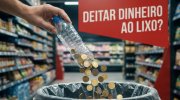 Caixote do lixo em supermercado com garrafa de plástico e moedas a serem lá postos. Crédito: Foto AI