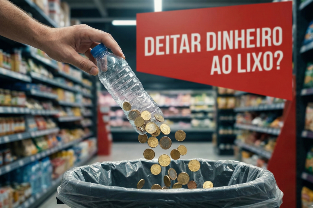 Caixote do lixo em supermercado com garrafa de plástico e moedas a serem lá postos. Crédito: Foto AI