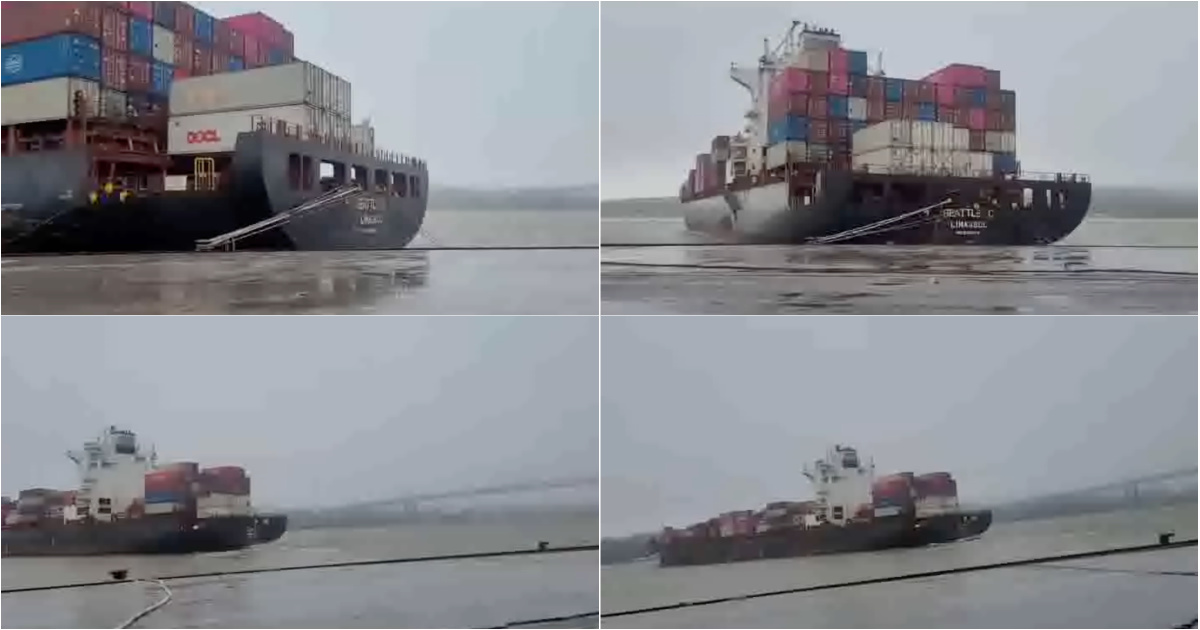 Video shows 260-meter ship breaking its moorings and becoming adrift in the Tagus River