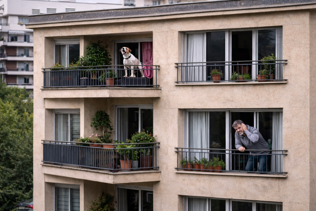Vizinho incomodado com latidos de cão. Crédito: Foto AI