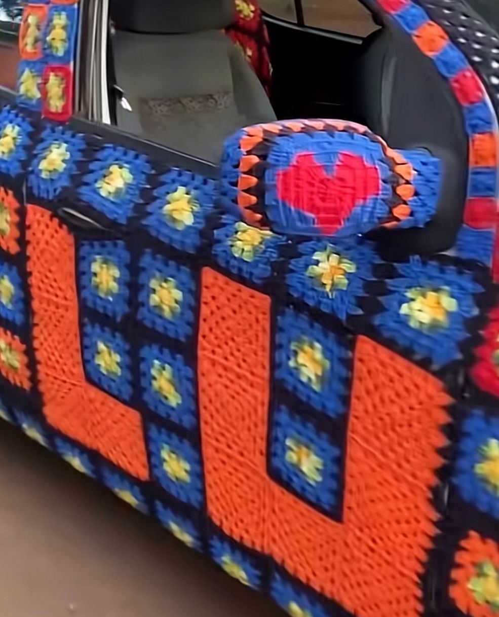 Woman goes viral on social media when she creates crochet cover for Fiat Uno car