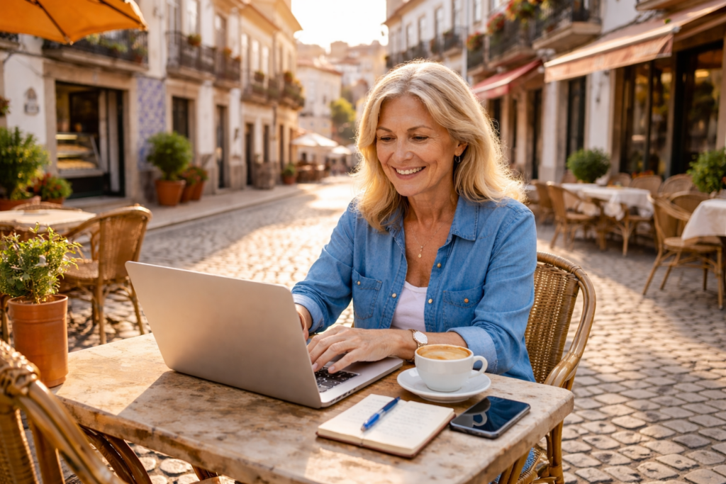 Mulher a trabalhar numa esplanada. Crédito: Foto AI