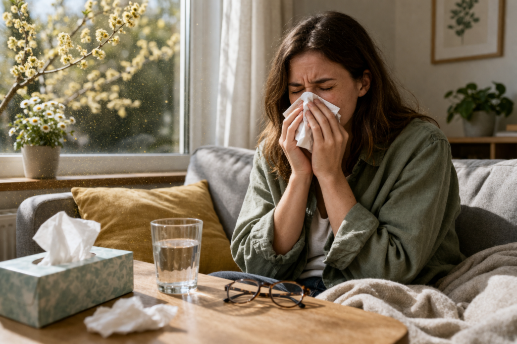 Mulher com alergias na primavera. Crédito: Foto AI