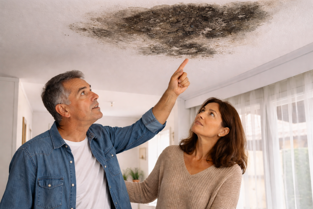 Casal a obsevar mancha de humidade em casa. Crédito: Freepik AI