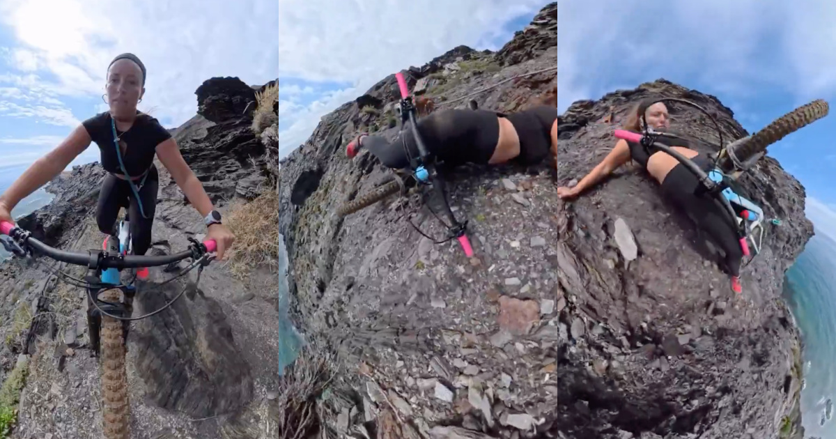 Cyclist filmed the moment he almost fell off a cliff during a walk with his dog