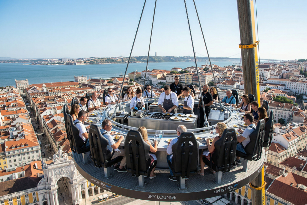 Plataforma suspensa com pessoas a comer em cima. Crédito: Foto AI