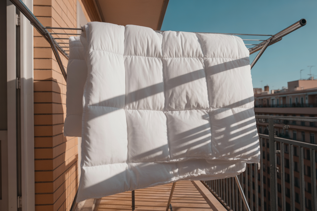 Edredão a secar ao sol. Crédito: Freepik AI