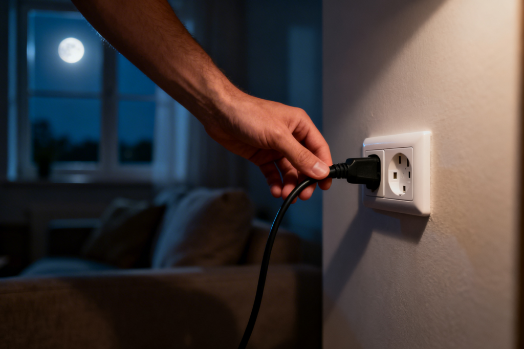 Pessoa a desligar uma ficha da tomada. Crédito: Freepik AI