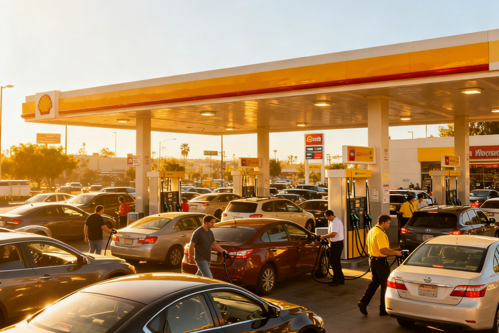 Bomba de gasolina com grandes filas de carros.