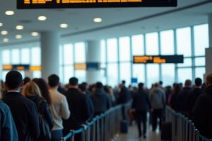 Passageiros em longa fila de espera no aeroporto.