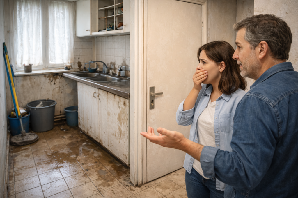 Casal surpreso com casa inabitável. Crédito: Foto AI