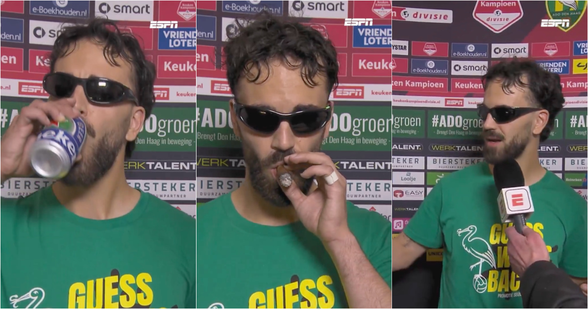 Portuguese-Finnish celebrates promotion to the Eredivisie with beer in hand, cigar and sunglasses
