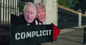 Protesters dressed as King Charles III and Trump protest against the monarch's visit to the USA