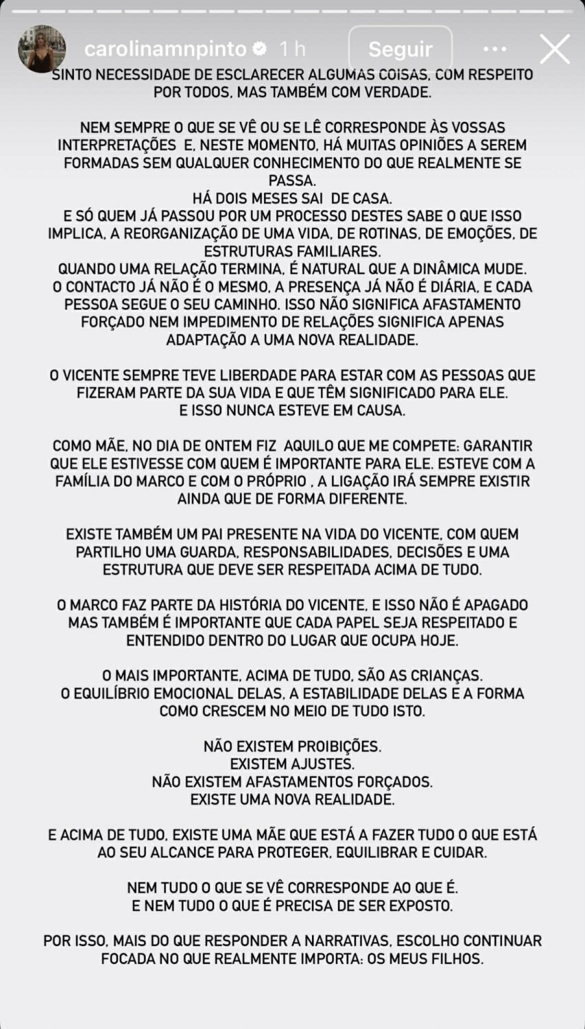 After Marco Costa's post, Carolina Pinto issues a statement: “There are no prohibitions…”