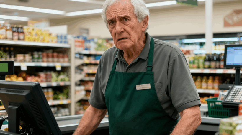 Funcionário idoso de supermercado. Crédito: Freepik AI