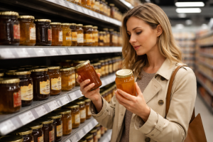 Escolher mel no supermercado. Crédito: Foto AI