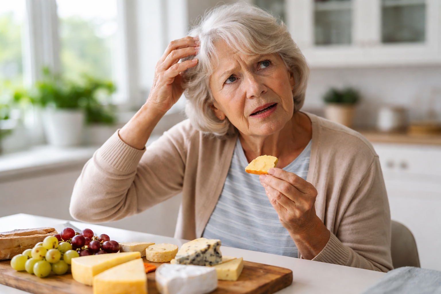 Idosa a comer queijo. Crédito: Foto AI