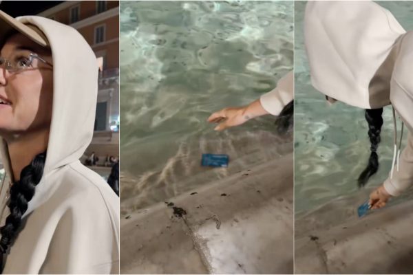 No coins? Katy Perry improvises and uses a credit card at the Trevi Fountain